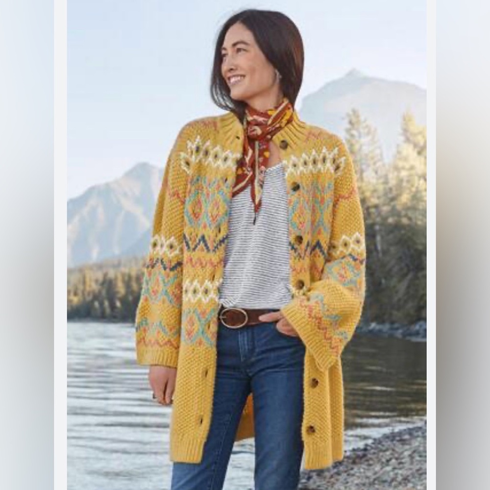 Sundance Yellow Knit Cardigan with Colorful Patterns